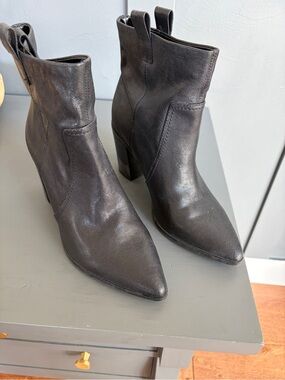 BCBG Pointed Toe Black Leather Ankle Booties with Block Heel